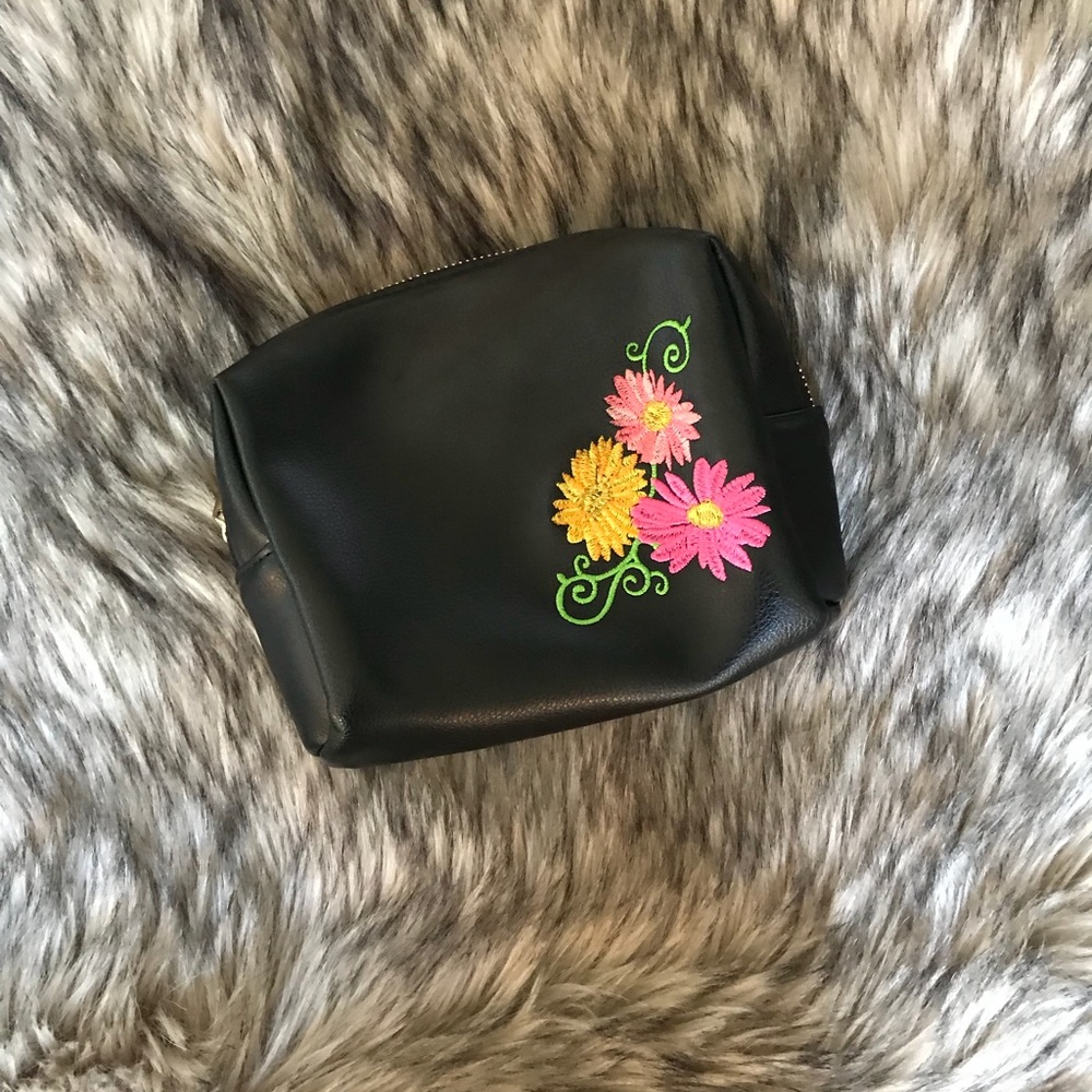 Black Leather Embroidered Makeup Bag